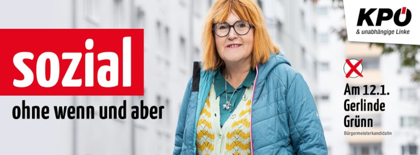 Banner Bürgermeisterkandidatin der KPÖ & unabhängige Linke Linz Gerlinde Grünn